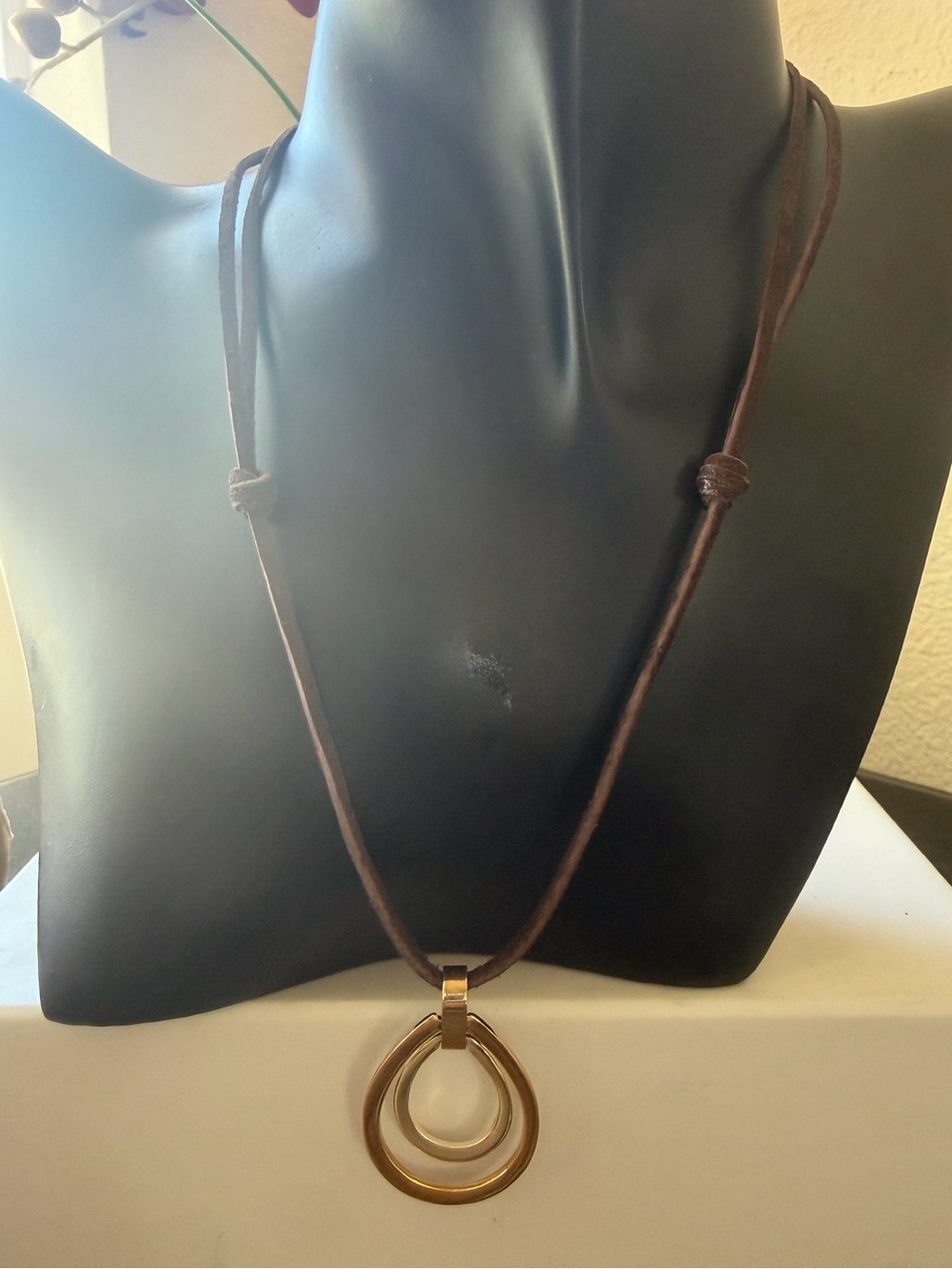 Brown genuine Leather Necklace with Gold tone Teardrop Pendant -  (handmade)
